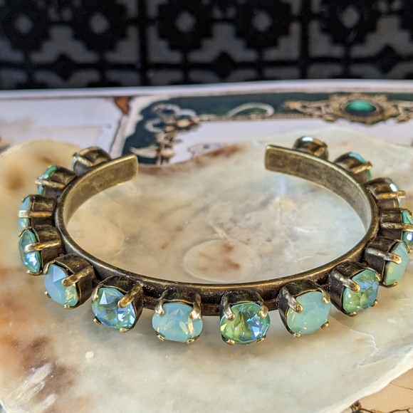 Swarovski Elements Mint Opal & Sage Green Crystals on Cuff Brass Bracelet - Picture 2 of 6